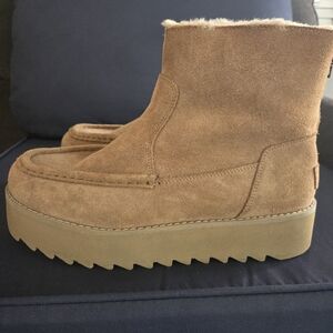 UGG Tan Suede Platform Ankle Bootie with Shearling Trim